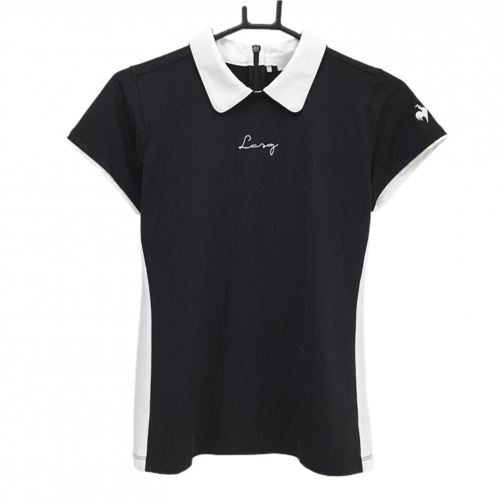 【美品】ルコックゴルフ 襟付き半袖シャツ 黒×白 袖立体ロゴ 後ろハーフジップ レディース L ゴルフウェア le coq sportif