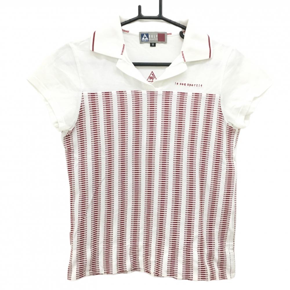 【美品】ルコックゴルフ 半袖スキッパーシャツ 白×レッド 総柄 綿100％  レディース M ゴルフウェア le coq sportif