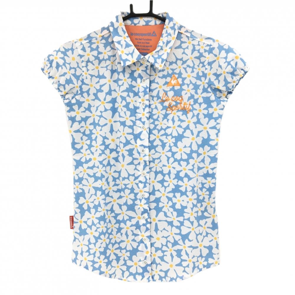 【超美品】ルコックゴルフ 半袖シャツ ライトブルー×白 花柄総柄 サッカー生地 袖口ゴム  レディース M ゴルフウェア le coq sportif