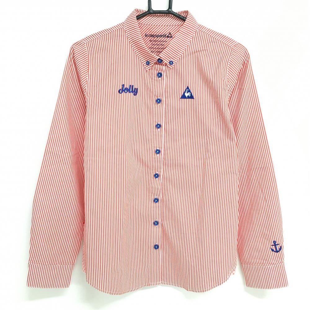 【超美品】ルコック 長袖シャツ レッド×白 ストライプ ボタンダウン レディース L ゴルフウェア le coq sportif