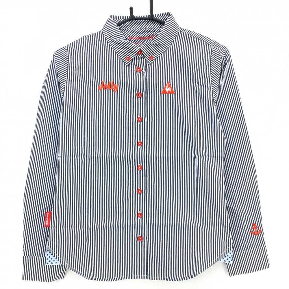 【新品】ルコックゴルフ 長袖シャツ 白×ネイビー系 ストライプ ボタンダウン ロゴレッド レディース M ゴルフウェア le coq sportif