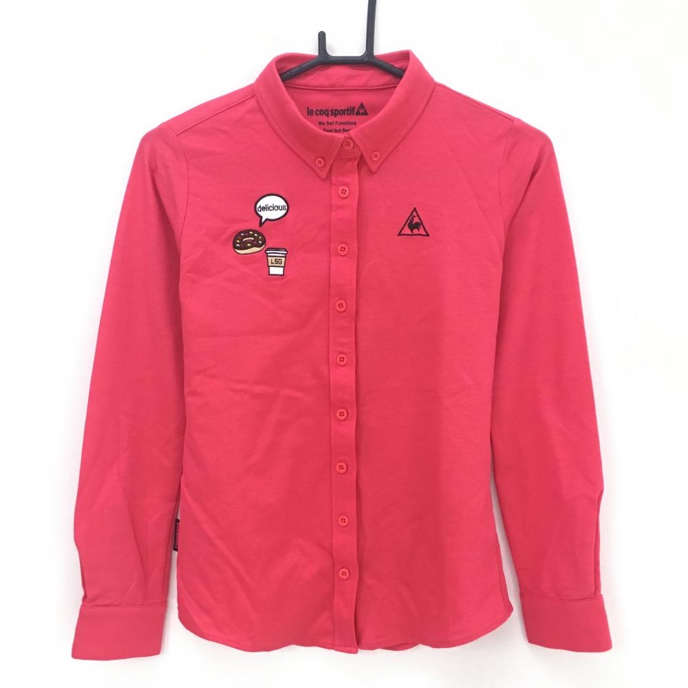 【美品】ルコックゴルフ 長袖シャツ レッド ボタンダウン ロゴ刺しゅう レディース M ゴルフウェア le coq sportif