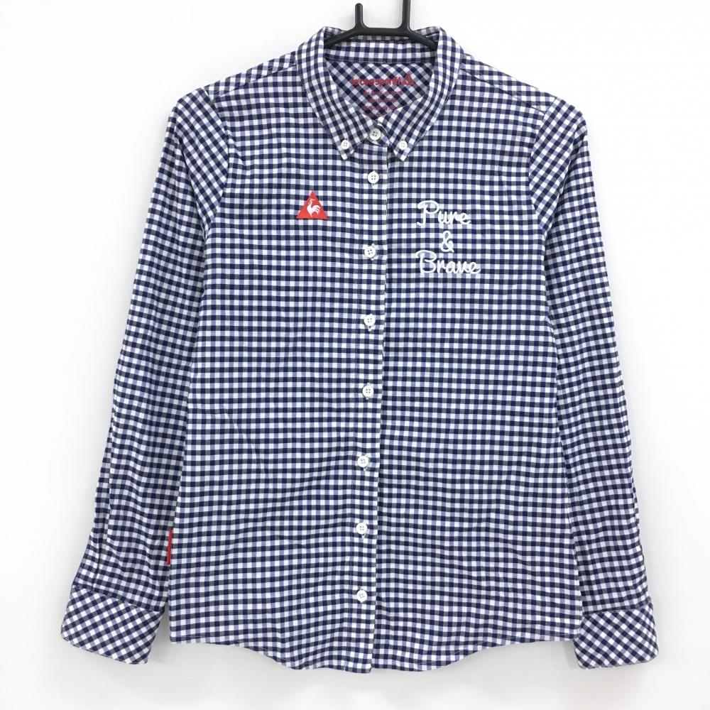 【超美品】ルコック 長袖シャツ ネイビー×白 ギンガムチェック ボタンダウン 袖口異素材切替 レディース LL ゴルフウェア le coq sportif