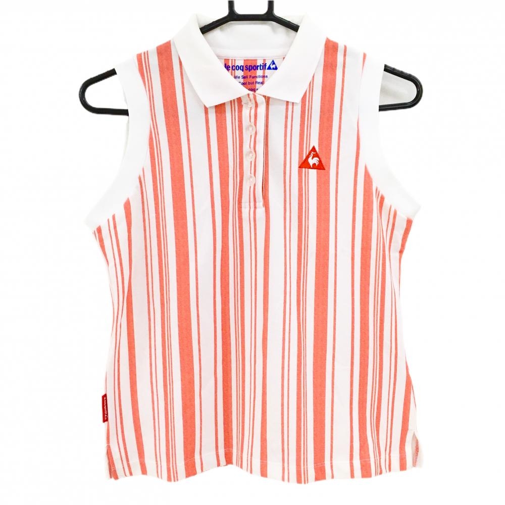 【美品】ルコックゴルフ ノースリーブポロシャツ 白×オレンジ ストライプ  レディース M ゴルフウェア le coq sportif