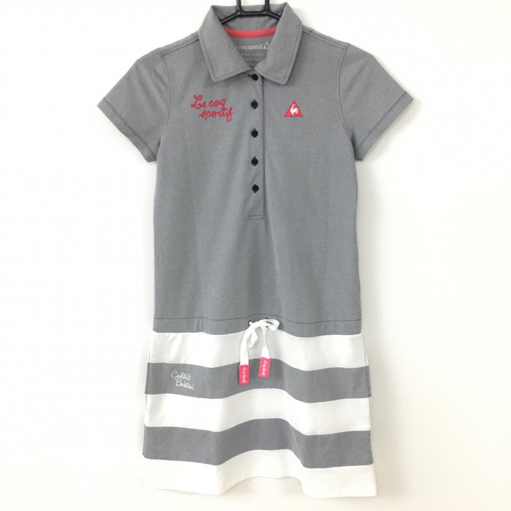 le coq sportif ルコック 半袖ポロワンピース ネイビー×白 スカートボーダー ウエスト調整紐  レディース M ゴルフウェア