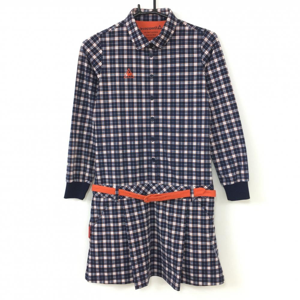 【超美品】le coq sportif ルコック 長袖ポロワンピース ネイビー×オレンジ ベルト付き ストレッチ レディース S ゴルフウェア