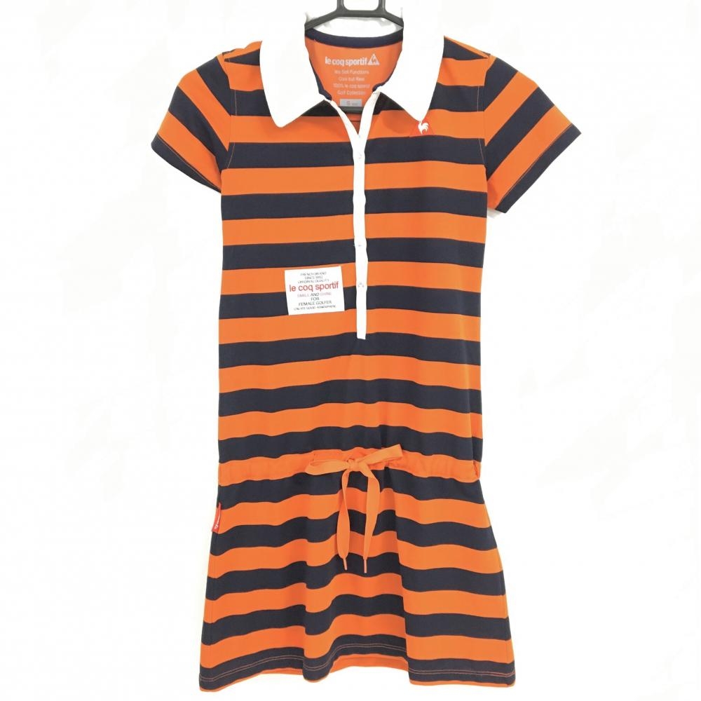 【美品】ルコック 半袖ポロワンピース ネイビー×オレンジ ボーダー ロゴ刺しゅう レディース S ゴルフウェア le coq sportif