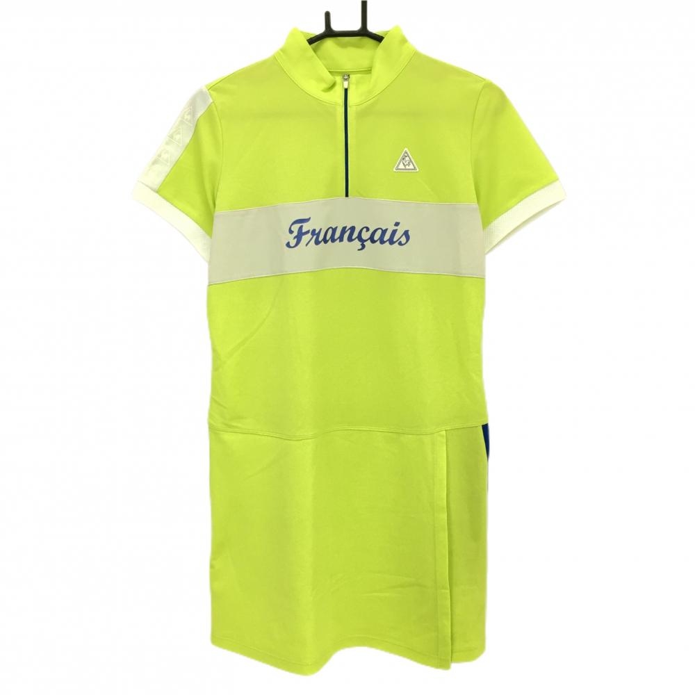 【美品】ルコック 半袖ハイネックワンピース 蛍光グリーン×白 胸元切替 ハーフジップ  レディース L ゴルフウェア le coq sportif