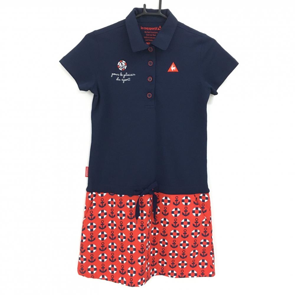 【超美品】ルコック 半袖ポロワンピース ネイビー×レッド スカート部イカリ柄 マリン レディース M ゴルフウェア le coq sportif