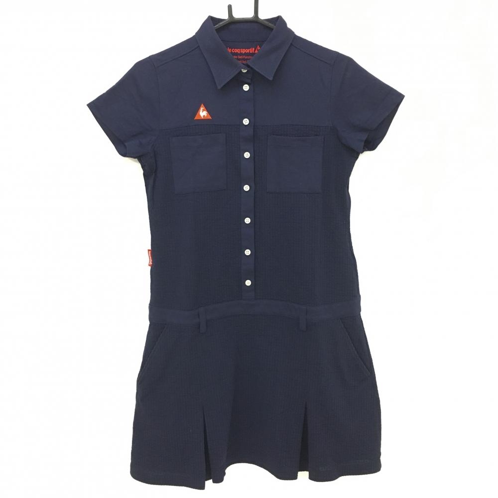ルコックゴルフ 半袖ポロワンピース ネイビー ロゴレッド サッカー生地 背面ワッペン レディース L ゴルフウェア le coq sportif
