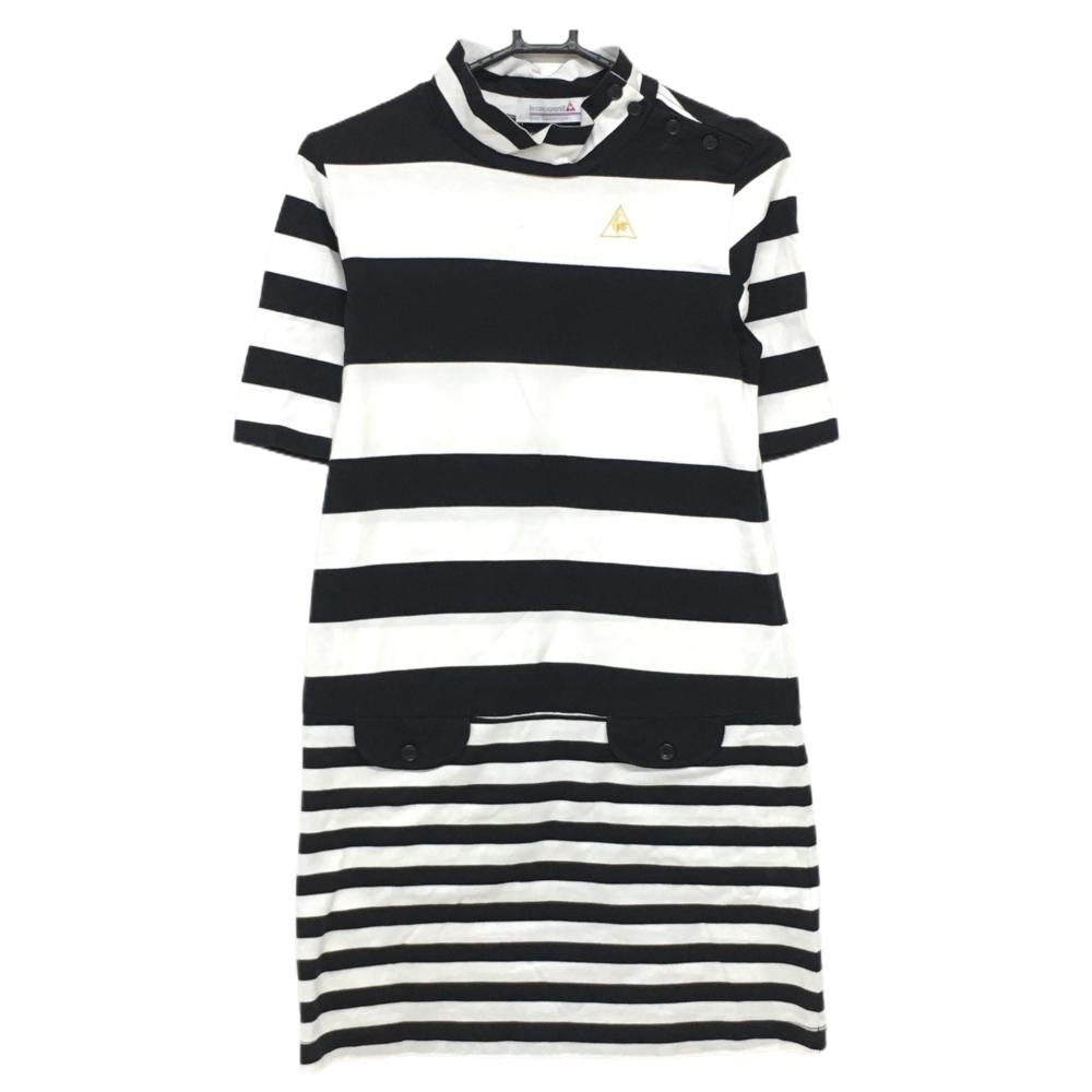 【美品】ルコックゴルフ 半袖ハイネックワンピース 黒×白 ボーダー 肩ボタン レディース L ゴルフウェア le coq sportif