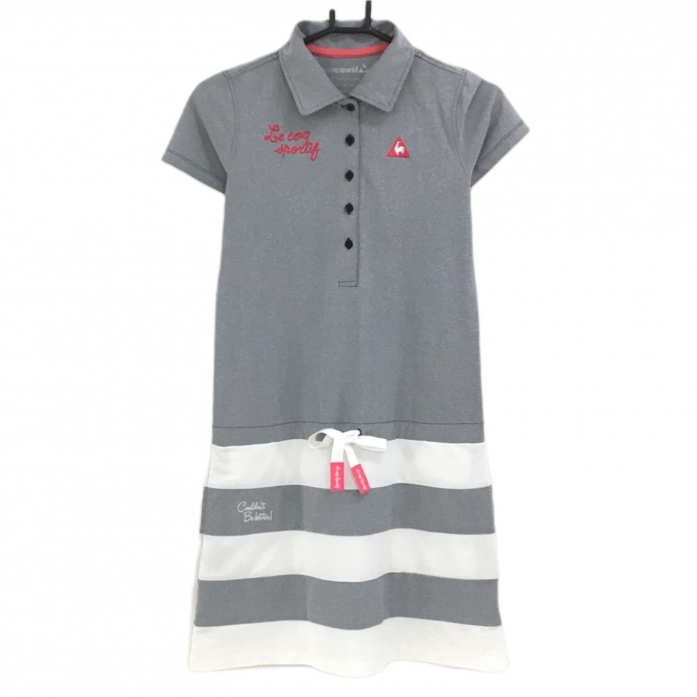 ルコックゴルフ 半袖ポロワンピース ネイビー×白 スカート部ボーダー ウエスト調節紐 レディース M ゴルフウェア le coq sportif