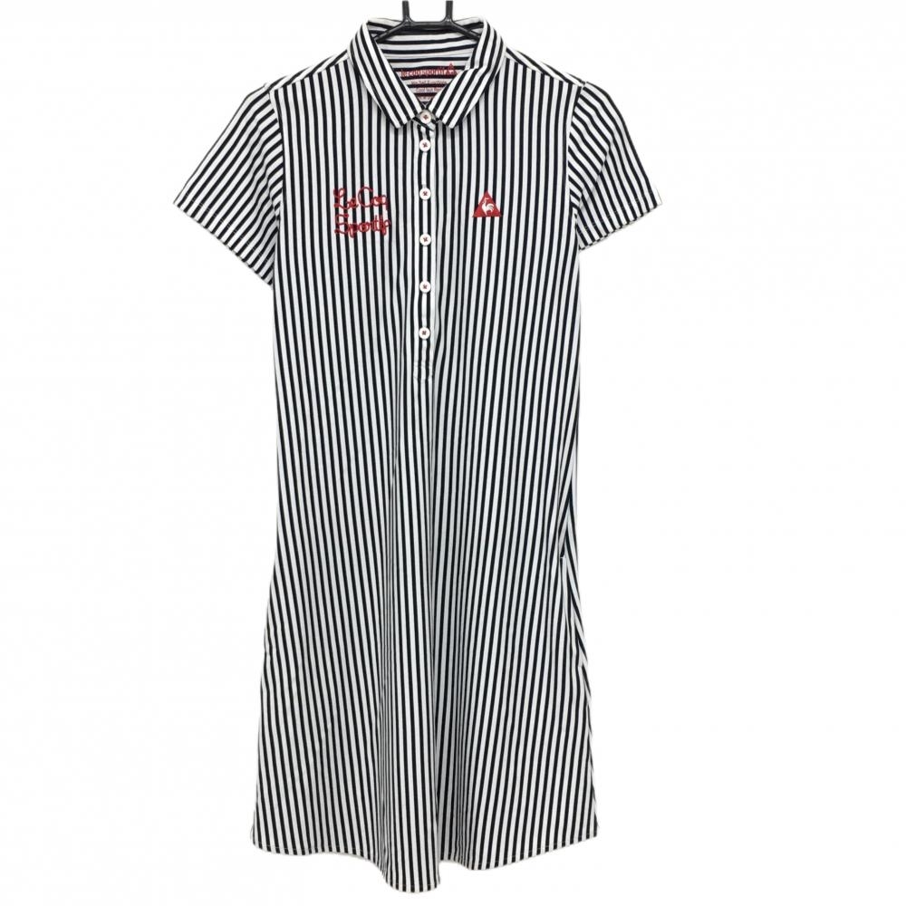 ルコックゴルフ 半袖ポロワンピース 白×ネイビー ストライプ ロゴ赤 レディース L ゴルフウェア le coq sportif