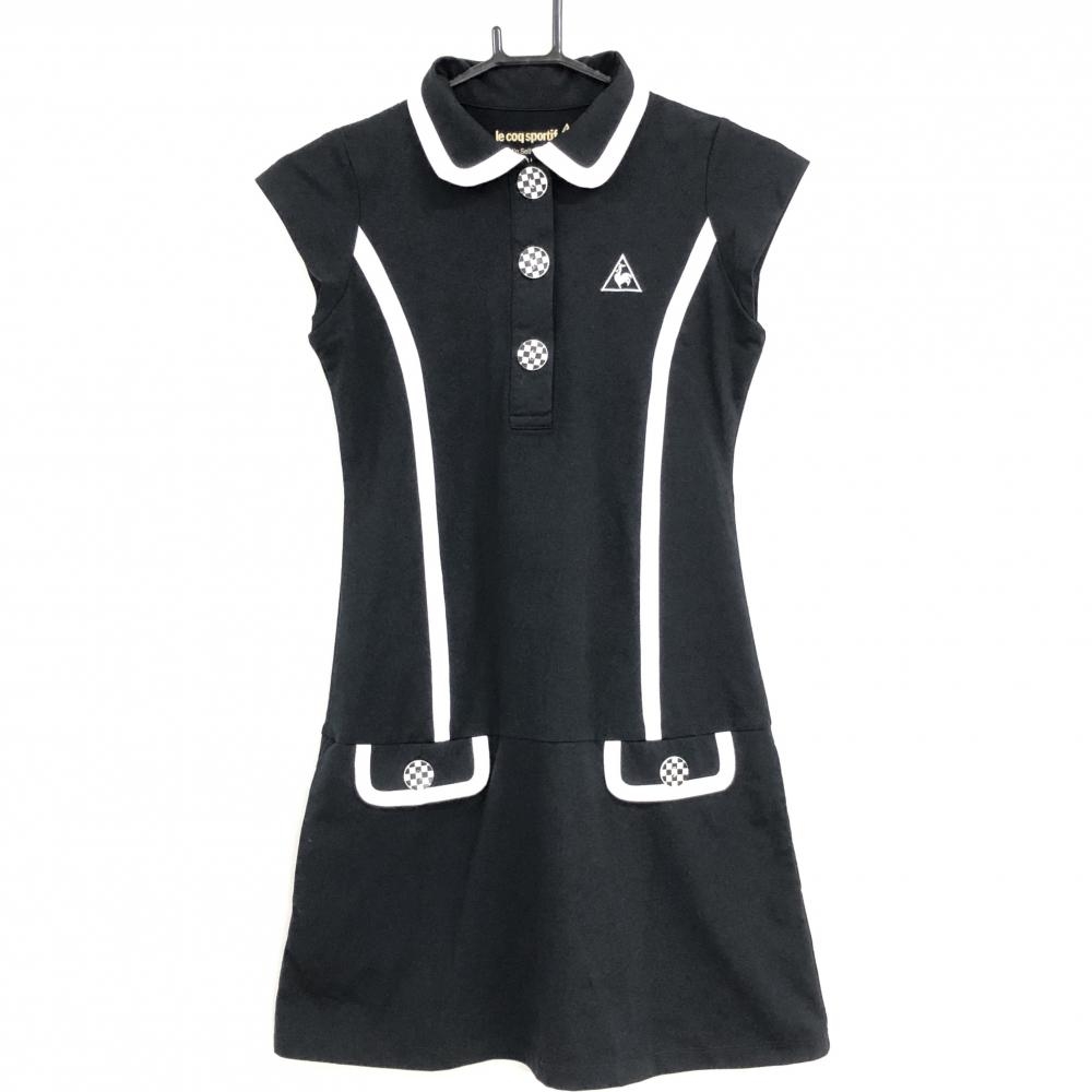 【超美品】ルコックゴルフ 半袖ポロワンピース 黒×白 ロゴ刺しゅう レディース S ゴルフウェア le coq sportif