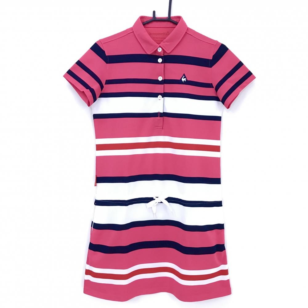 【美品】ルコックゴルフ 半袖ポロワンピース ピンク×ネイビー ボーダー調 ロゴ刺しゅう  レディース L ゴルフウェア le coq sportif