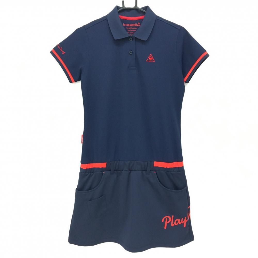 【超美品】ルコックゴルフ 半袖ポロワンピース ネイビー×レッド 襟裏ボーダー ロゴ刺しゅう レディース L ゴルフウェア le coq sportif