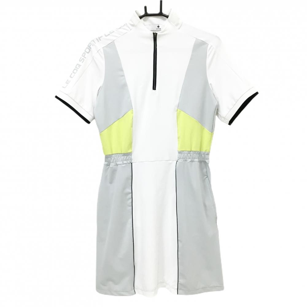 【美品】ルコックゴルフ 半袖ハイネックワンピース 白×グレー×イエロー ハーフジップ  レディース M ゴルフウェア le coq sportif