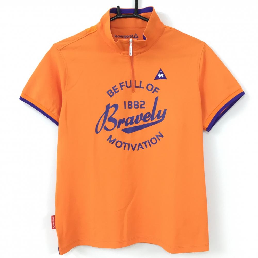 【美品】le coq sportif ルコック 半袖ハイネックシャツ オレンジ×ブルー 背面一部メッシュ ハーフジップ   レディース LL ゴルフウェア