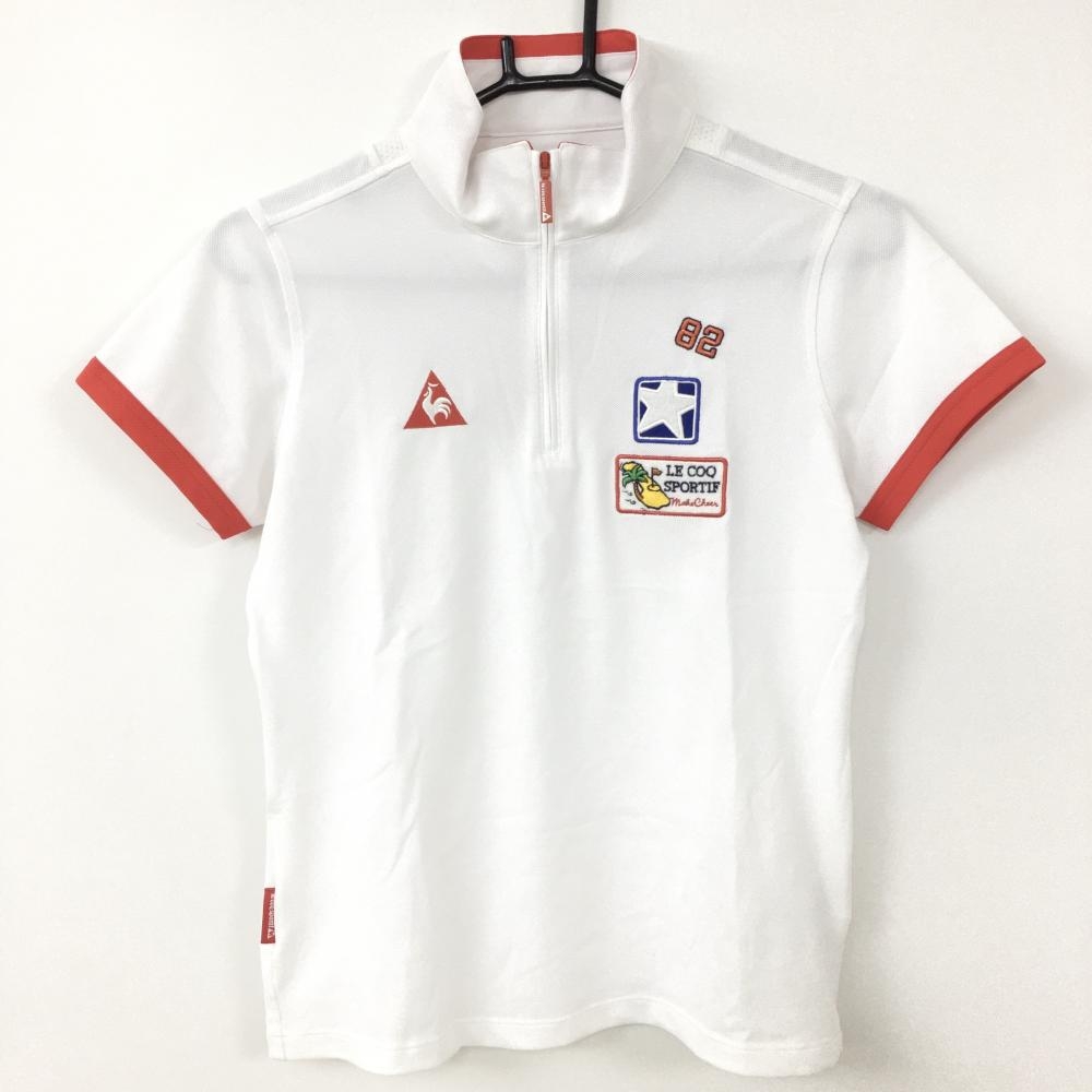 【超美品】le coq sportif ルコック 半袖ハイネックシャツ 白×レッド 背面上部メッシュ ハーフジップ  レディース M ゴルフウェア