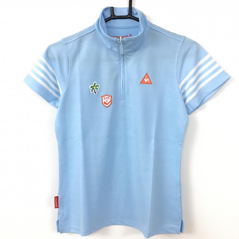 【新品】ルコック 半袖ハイネックシャツ ライトブルー×白 袖ボーダー 吸汗速乾 UVケア  レディース M ゴルフウェア le coq sportif