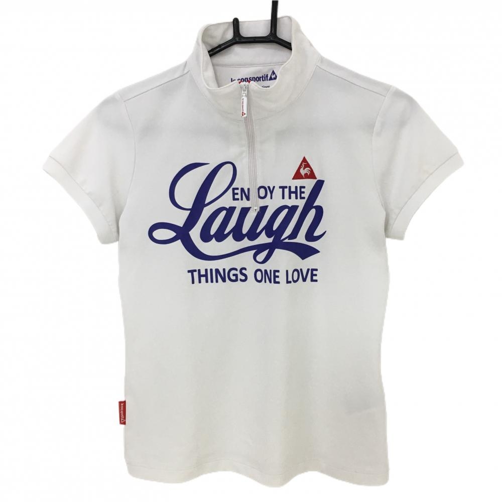 ルコック 半袖ハイネックシャツ 白×ブルー系 背面上部メッシュ ハーフジップ レディース M ゴルフウェア le coq sportif