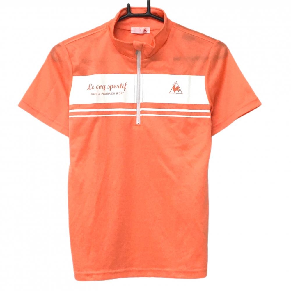 【超美品】ルコック 半袖ハイネックシャツ オレンジ×白 胸元プリントライン ハーフジップ レディース L ゴルフウェア le coq sportif