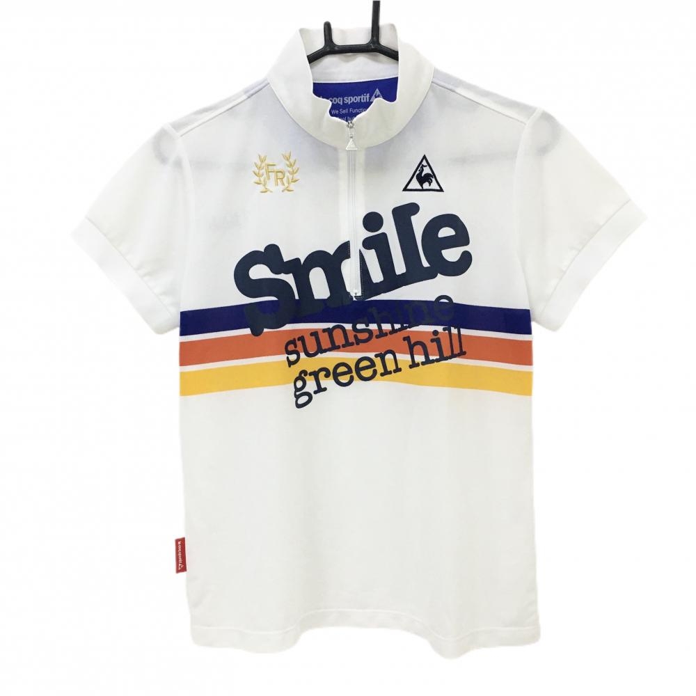 【美品】ルコック 半袖ハイネックシャツ 白×ネイビー ハーフジップ ロゴ刺しゅう  レディース L ゴルフウェア le coq sportif