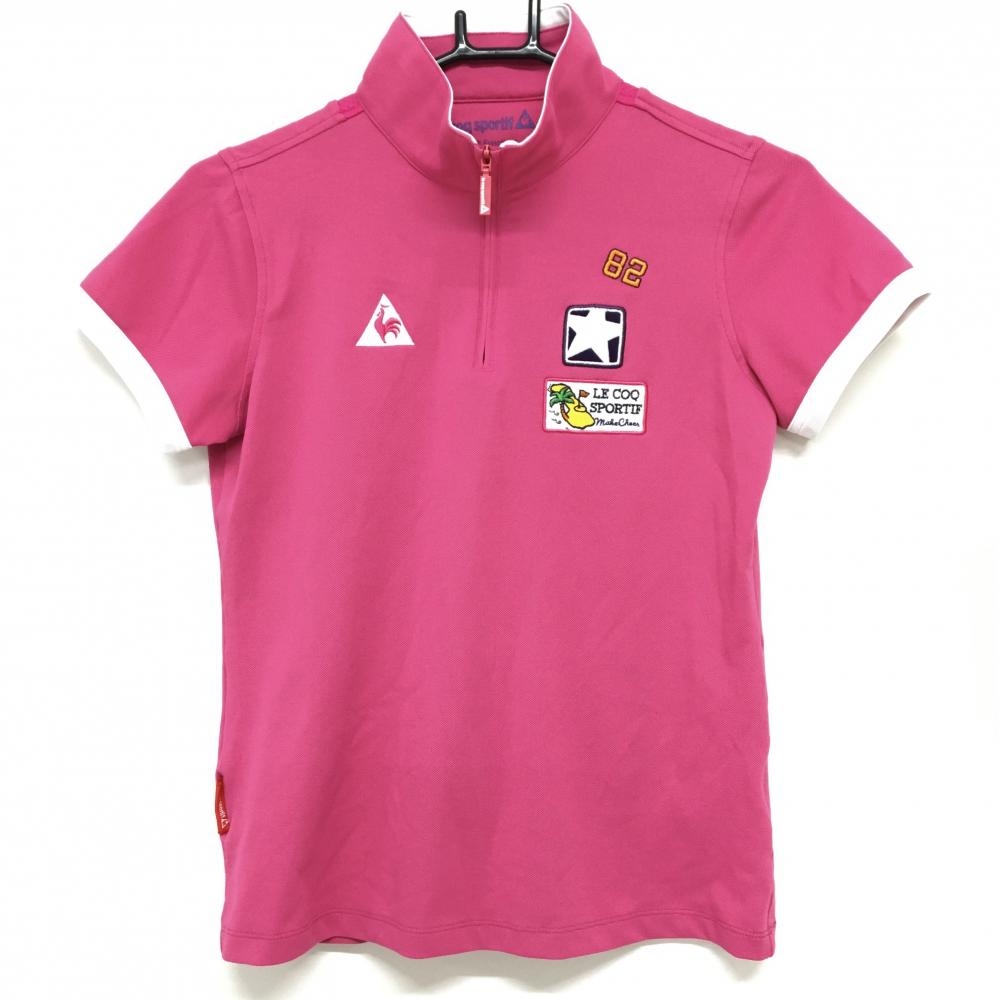 【美品】ルコック 半袖ハイネックシャツ ピンク×白 ハーフジップ ネック下一部メッシュ レディース M ゴルフウェア le coq sportif