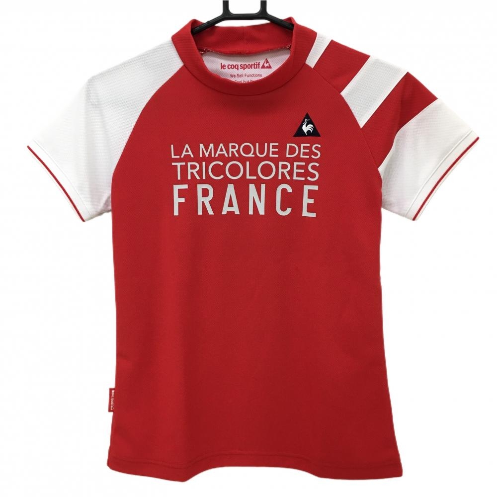 【超美品】ルコック 半袖ハイネックシャツ レッド×白 フロントプリント レディース M ゴルフウェア le coq sportif