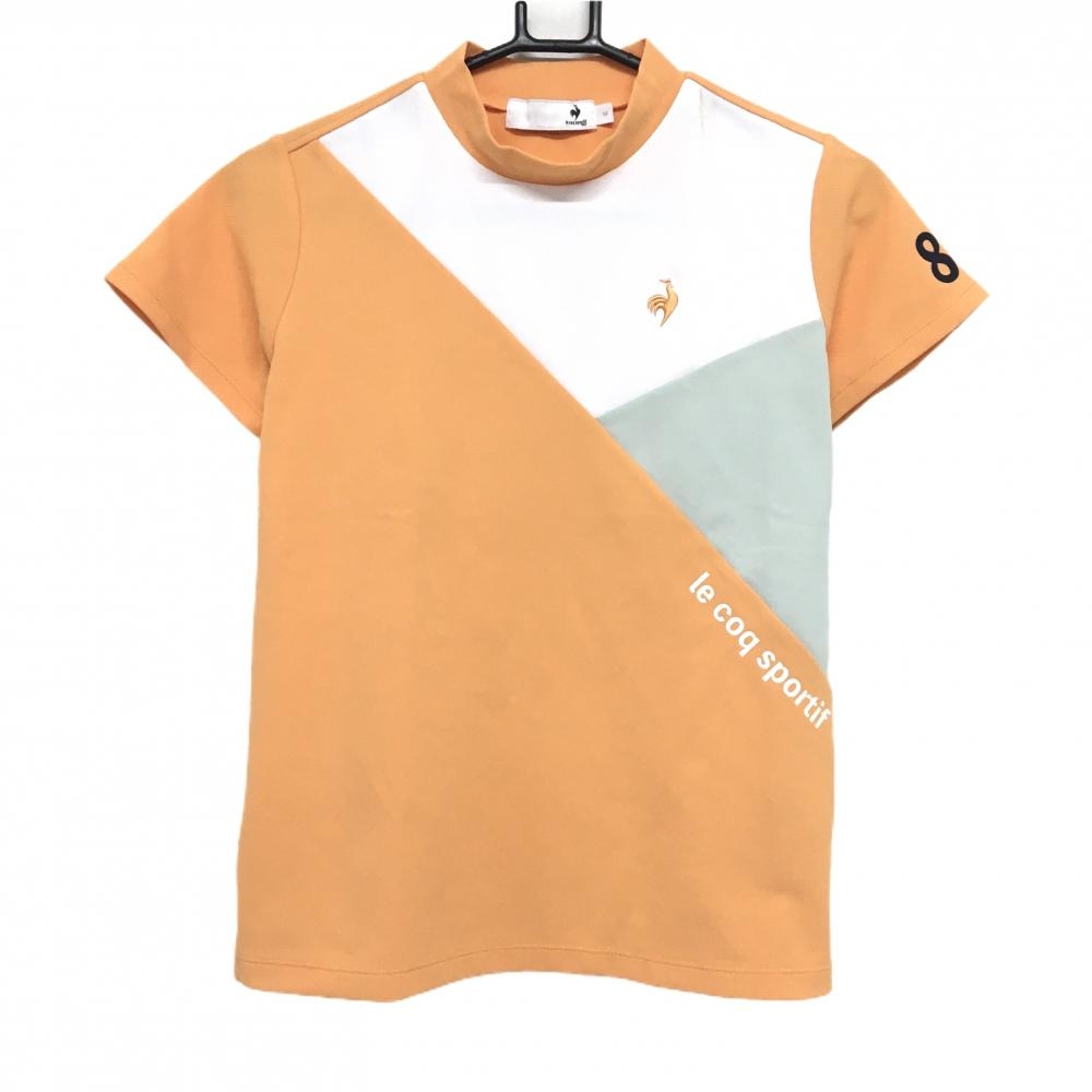 ルコック 半袖ハイネックシャツ オレンジ×白 前身頃ブロッキング  レディース M ゴルフウェア le coq sportif