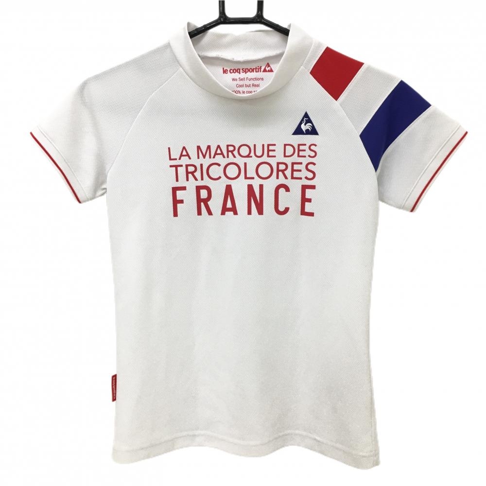 ルコックゴルフ 半袖ハイネックシャツ 白×レッド 前プリント レディース S ゴルフウェア le coq sportif