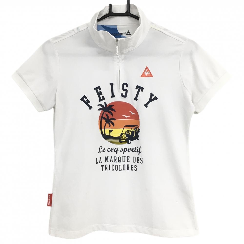 ルコックゴルフ 半袖ハイネックシャツ 白×ネイビー フロントサンセットプリント ハーフジップ レディース M ゴルフウェア le coq sportif