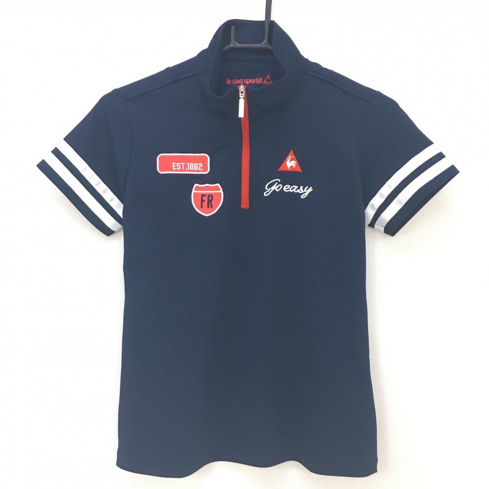 【超美品】ルコック 半袖ハイネックシャツ ネイビー×白 後ろ上部メッシュ ハーフジップ  レディース M ゴルフウェア le coq sportif