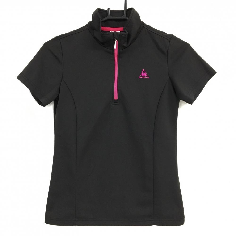 【美品】ルコック 半袖ハイネックシャツ 黒×ピンク ロゴ刺しゅう ハーフジップ レディース M ゴルフウェア le coq sportif