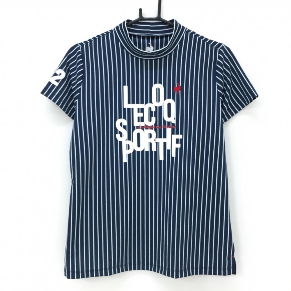 【超美品】ルコックゴルフ 半袖ハイネックシャツ ネイビー×白 ストライプ 袖ワッペン レディース LL ゴルフウェア le coq sportif