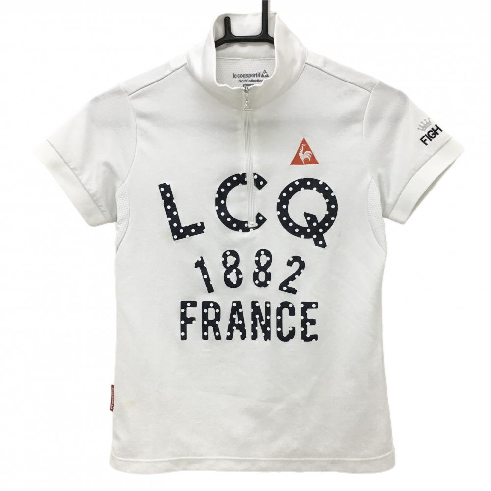 【美品】ルコックゴルフ 半袖ハイネックシャツ 白×ネイビー ロゴドット ハーフジップ レディース M ゴルフウェア le coq sportif