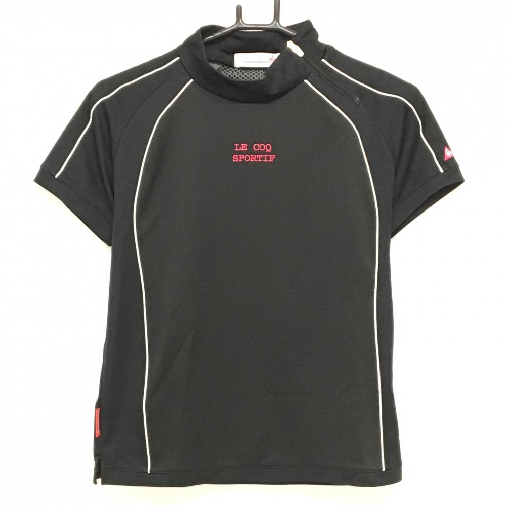 ルコックゴルフ 半袖ハイネックシャツ 黒×白 パイピングライン ロゴ刺しゅう ネックジップ レディース M ゴルフウェア le coq sportif