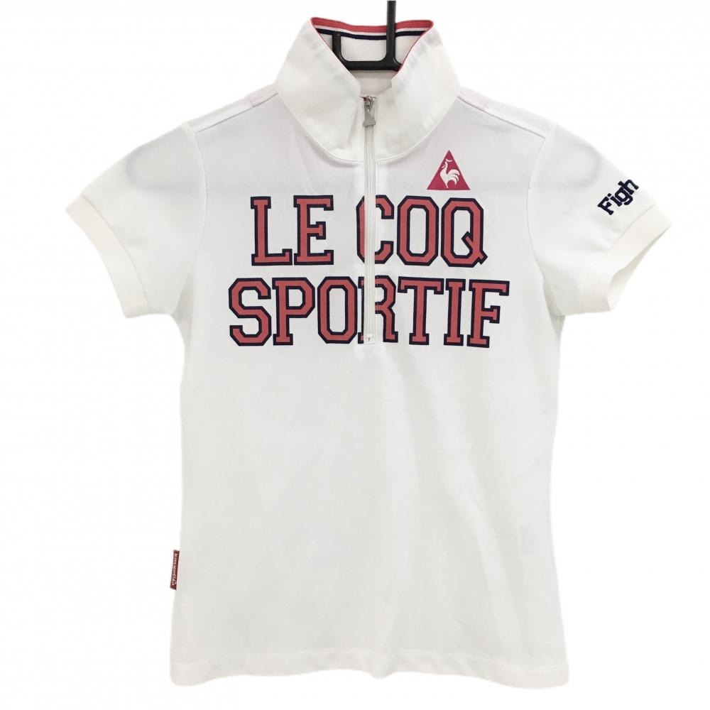 【超美品】ルコックゴルフ 半袖ハイネックシャツ 白×ピンク フロントロゴ ハーフジップ レディース S ゴルフウェア le coq sportif