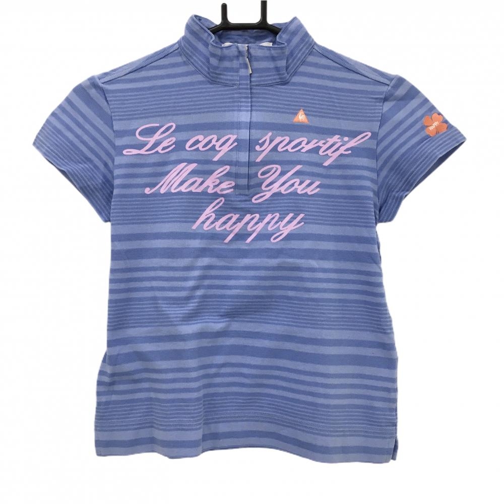 【超美品】ルコックゴルフ 半袖ハイネックシャツ ブルー系×ピンク ランダムボーダー レディース S ゴルフウェア le coq sportif