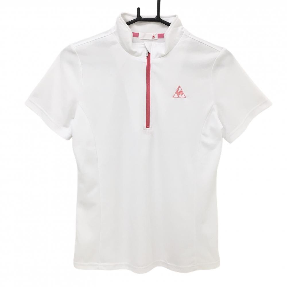 【美品】ルコック 半袖ハイネックシャツ 白 ハーフジップ ロゴピンク  レディース Ｌ ゴルフウェア le coq sportif