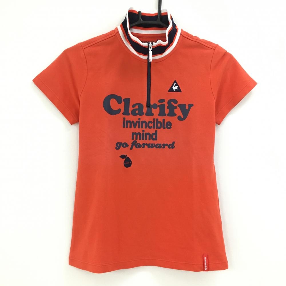 【美品】ルコック 半袖ハイネックシャツ レッド×ネイビー ハーフジップ プリント  レディース M ゴルフウェア le coq sportif