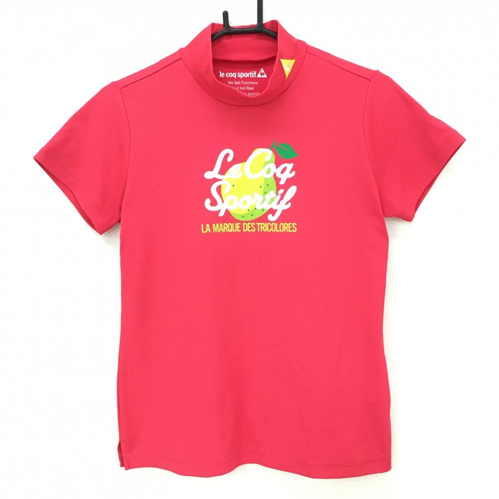 【美品】ルコックゴルフ 半袖ハイネックシャツ レッド×ライトグリーン 洋ナシプリント レディース L ゴルフウェア le coq sportif