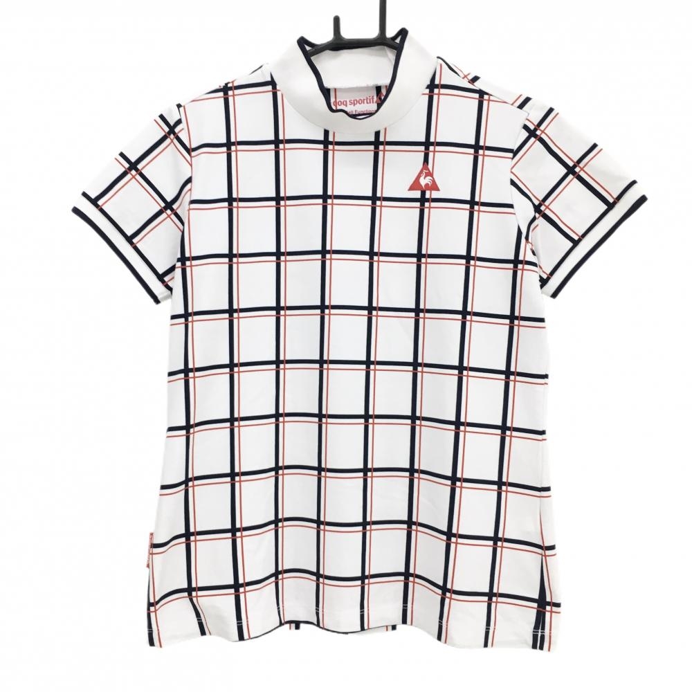 【美品】ルコックゴルフ 半袖ハイネックシャツ 白×ネイビー×レッド 格子柄 レディース L ゴルフウェア le coq sportif