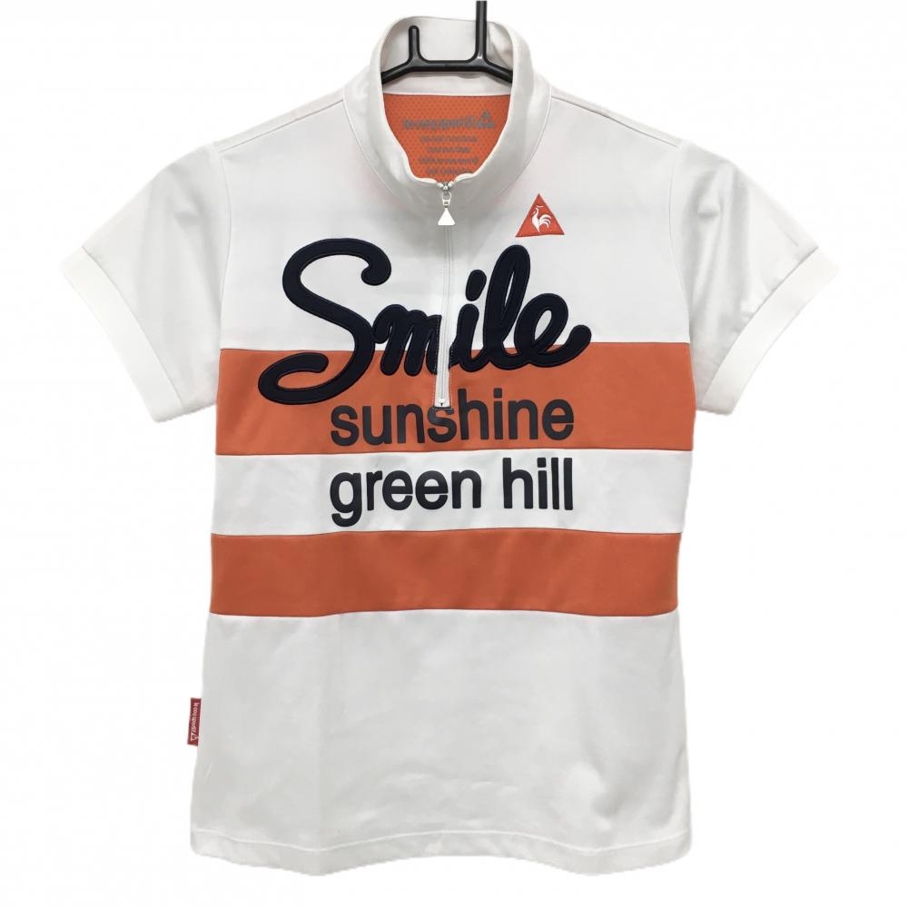 【美品】ルコックゴルフ 半袖ハイネックシャツ 白×オレンジ 胸元切替 ハーフジップ レディース M ゴルフウェア le coq sportif