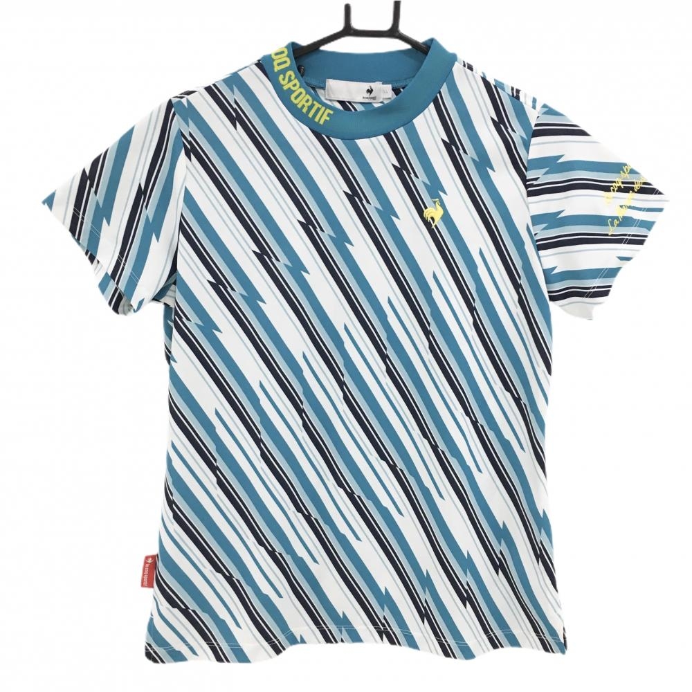 【超美品】ルコックゴルフ 半袖ハイネックシャツ ターコイズブルー×白 斜めストライプ風  レディース LL ゴルフウェア le coq sportif