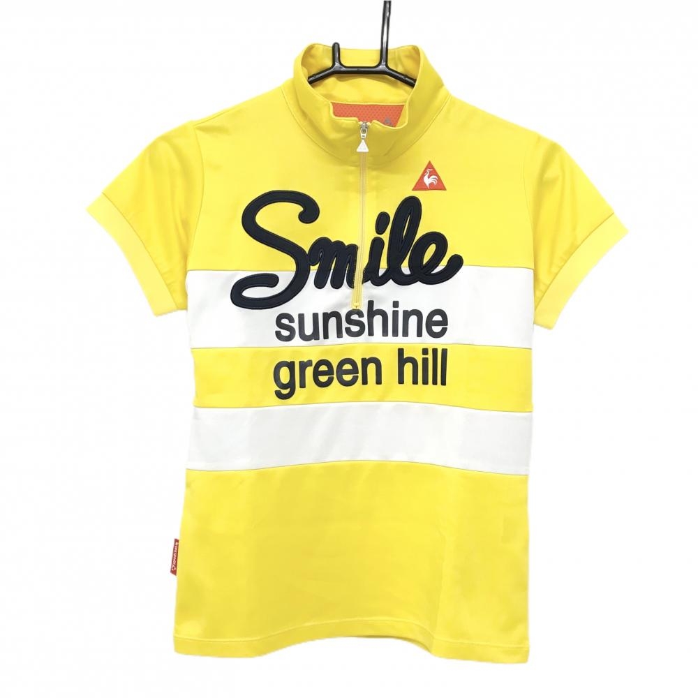 【超美品】ルコックゴルフ 半袖ハイネックシャツ イエロー×白 ボーダー ロゴネイビー レディース M ゴルフウェア le coq sportif