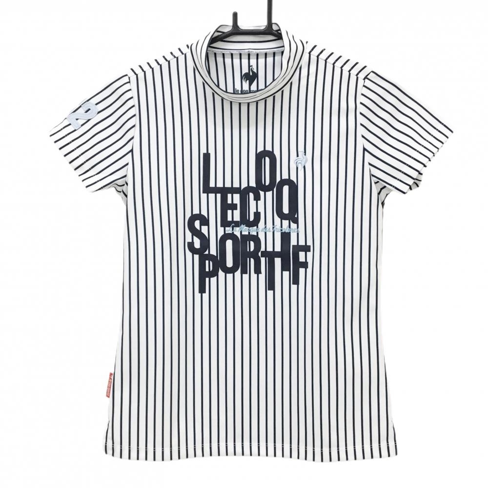 【超美品】ルコックゴルフ 半袖ハイネックシャツ 白×ネイビー ストライプ フロッキーロゴ レディース S ゴルフウェア le coq sportif
