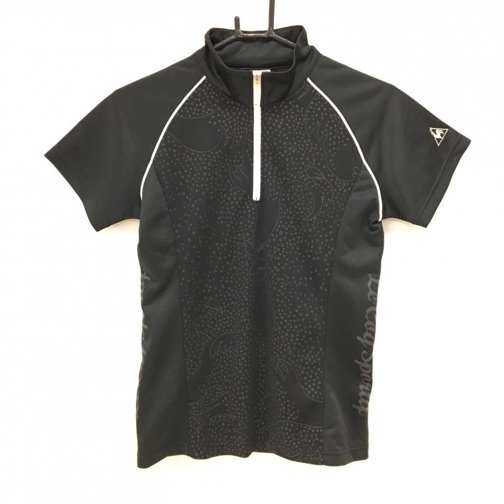 【超美品】ルコック 半袖ハイネックシャツ 黒×白 前身頃総柄 ハーフジップ レディース M ゴルフウェア le coq sportif