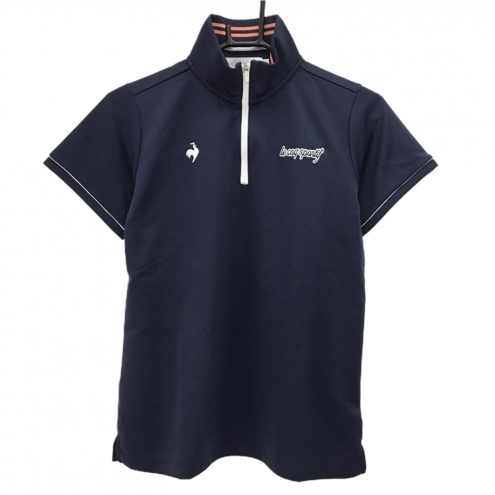 【超美品】ルコックゴルフ 半袖ハイネックシャツ ネイビー×白 ハーフジップ ロゴ刺しゅう レディース LL ゴルフウェア le coq sportif