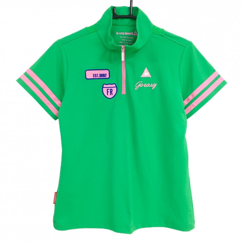 【超美品】ルコック 半袖ハイネックシャツ グリーン×ピンク 袖口2ライン  レディース LL ゴルフウェア le coq sportif